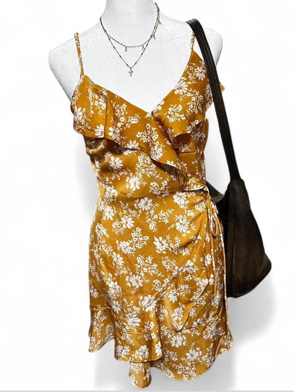 Abercrombie & Fitch Golden Mustard Yellow Floral Wrap Mini Dress XS Petite